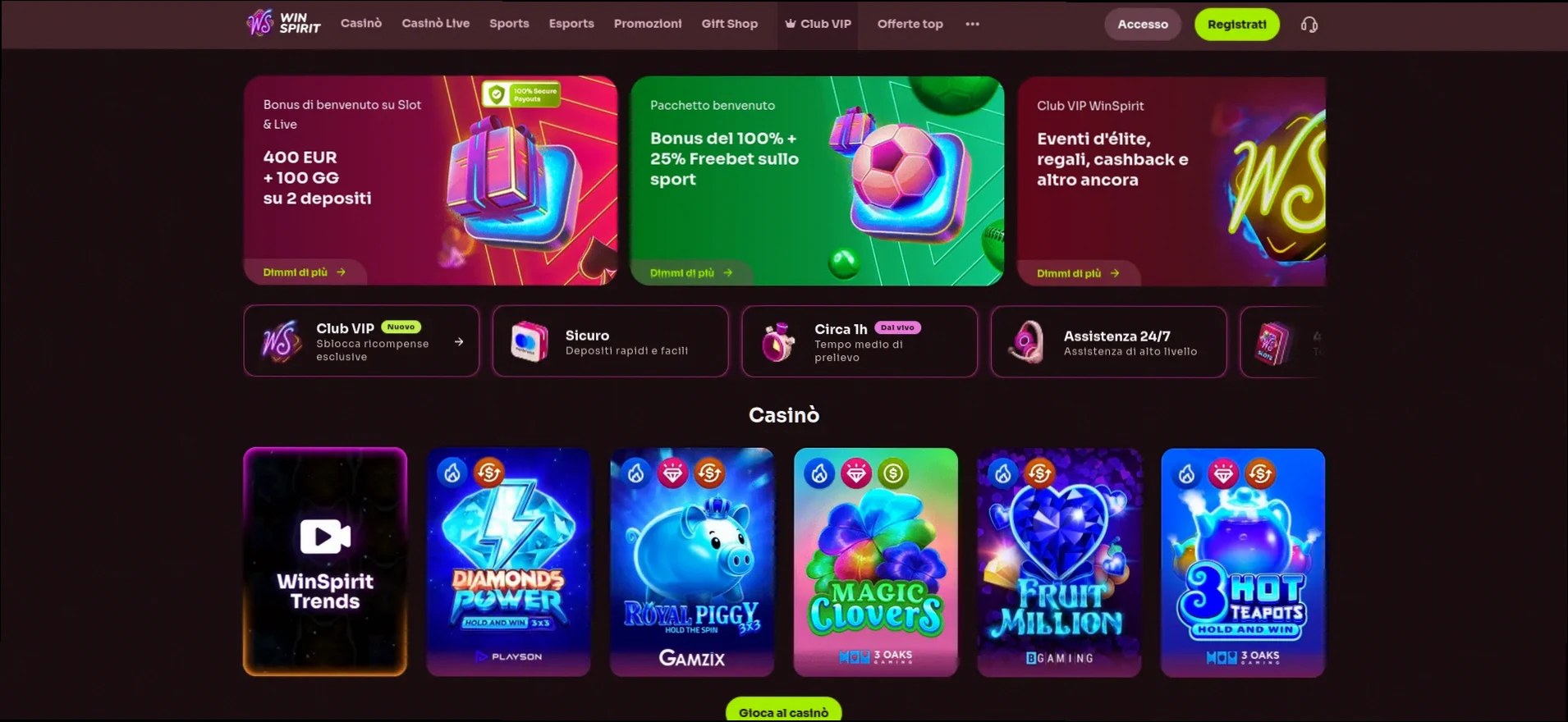 Winspirit casino bonus fino a 400 euro e 100 giri gratuiti